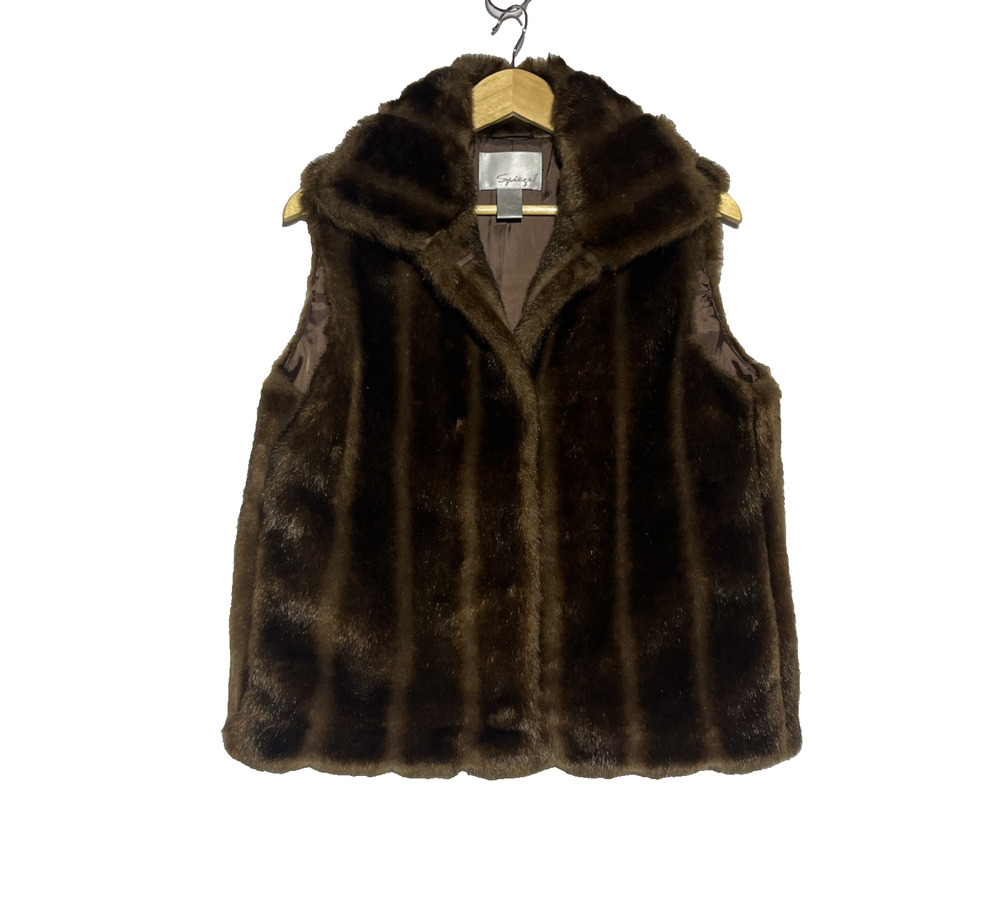 Vintage Spiegel Faux Fur Vest Womens Small Brown Plush Collared Statement Retro